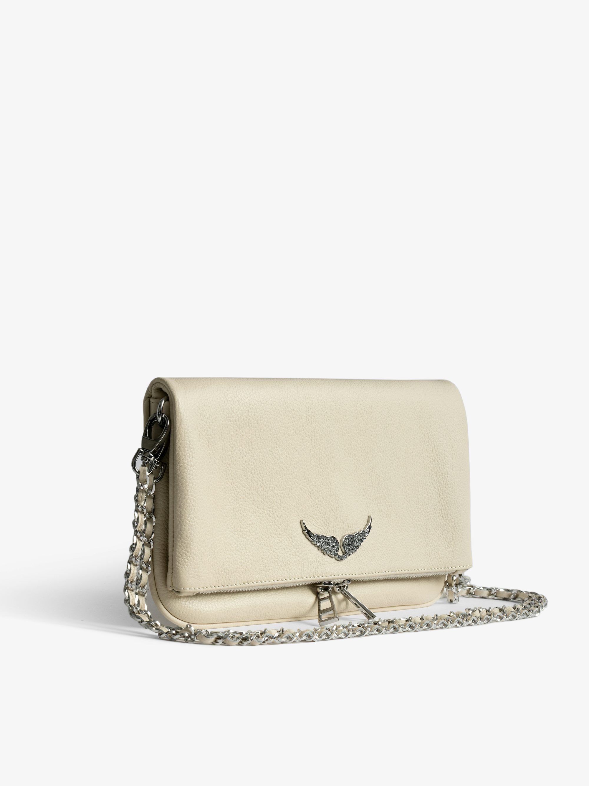 Rock Clutch - Clutch in grained leather with double leather and metal chains and wings adorned with rhinestones.